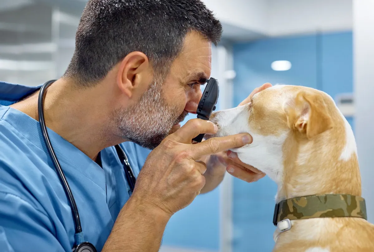 Veterinarian examining golden puppy with handheld otoscope device