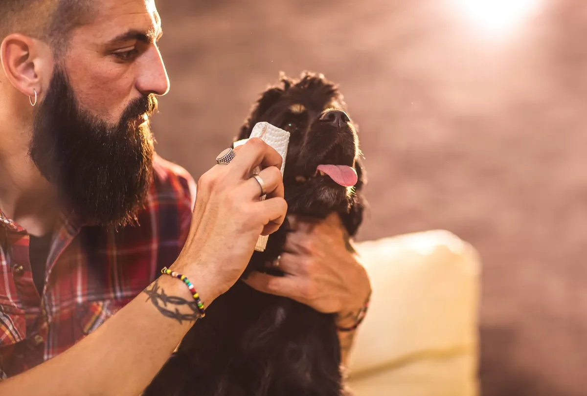 Man in red plaid shirt carefully examining small brown dog closely