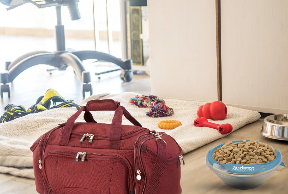 Dog boarding supplies: red duffel bag, toys, treats, bowl on blanket