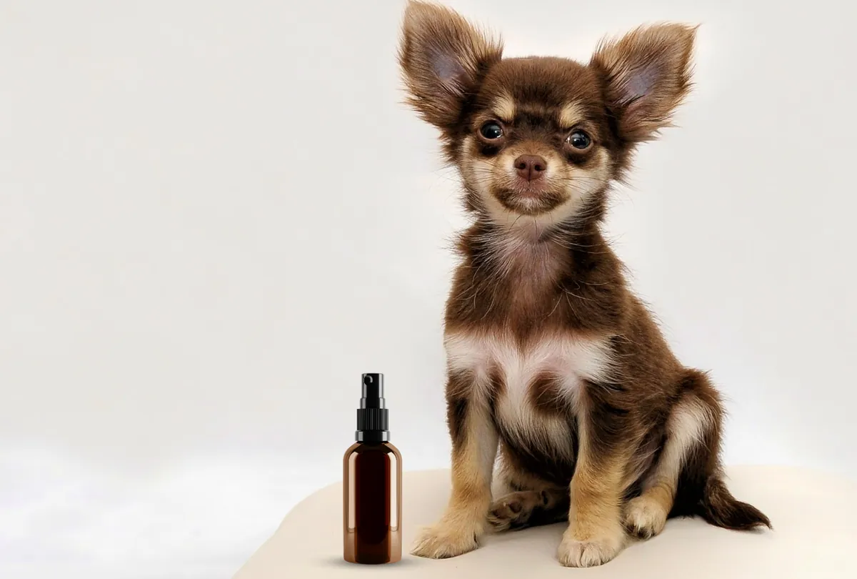 Red spoodle puppy lying on wooden floor with paws visible.