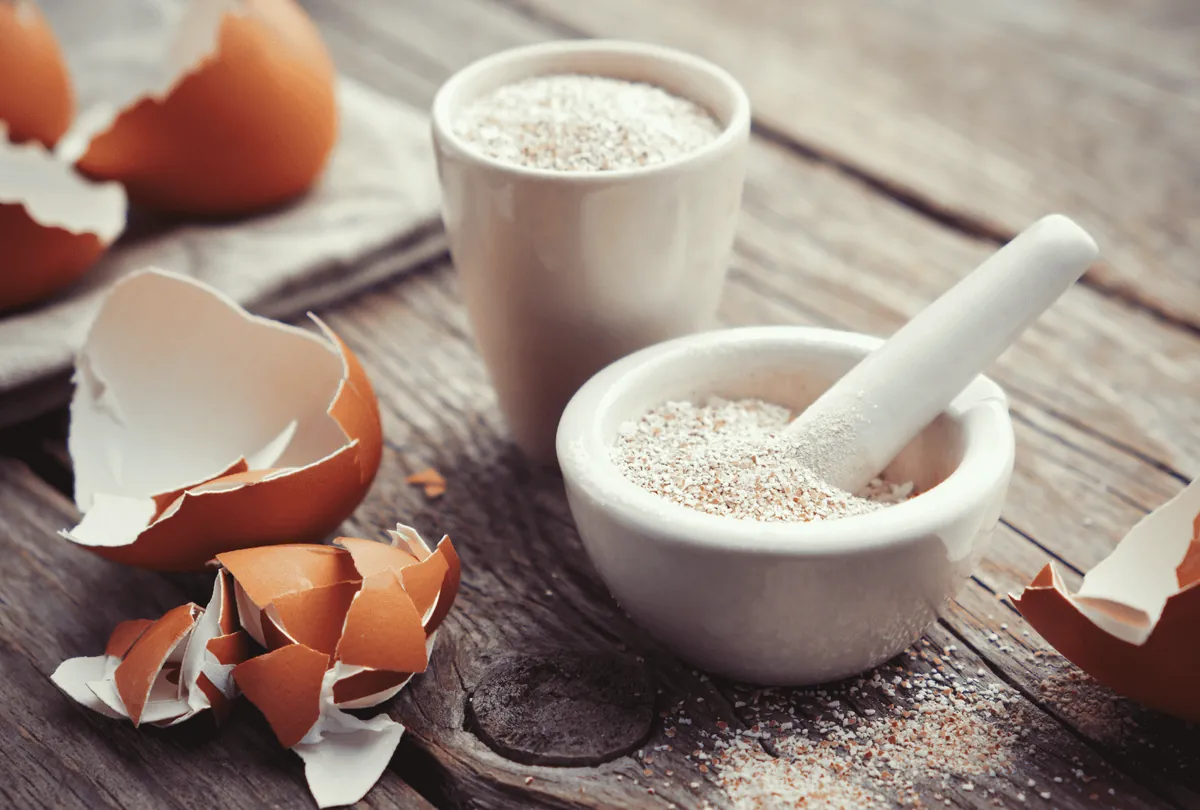 Eggshell powder ground in mortar and pestle on wooden surface