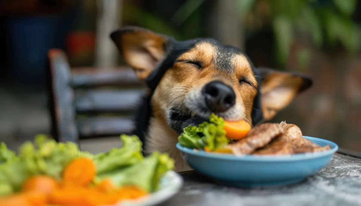 Brown dog eating salad with orange carrots and green lettuce